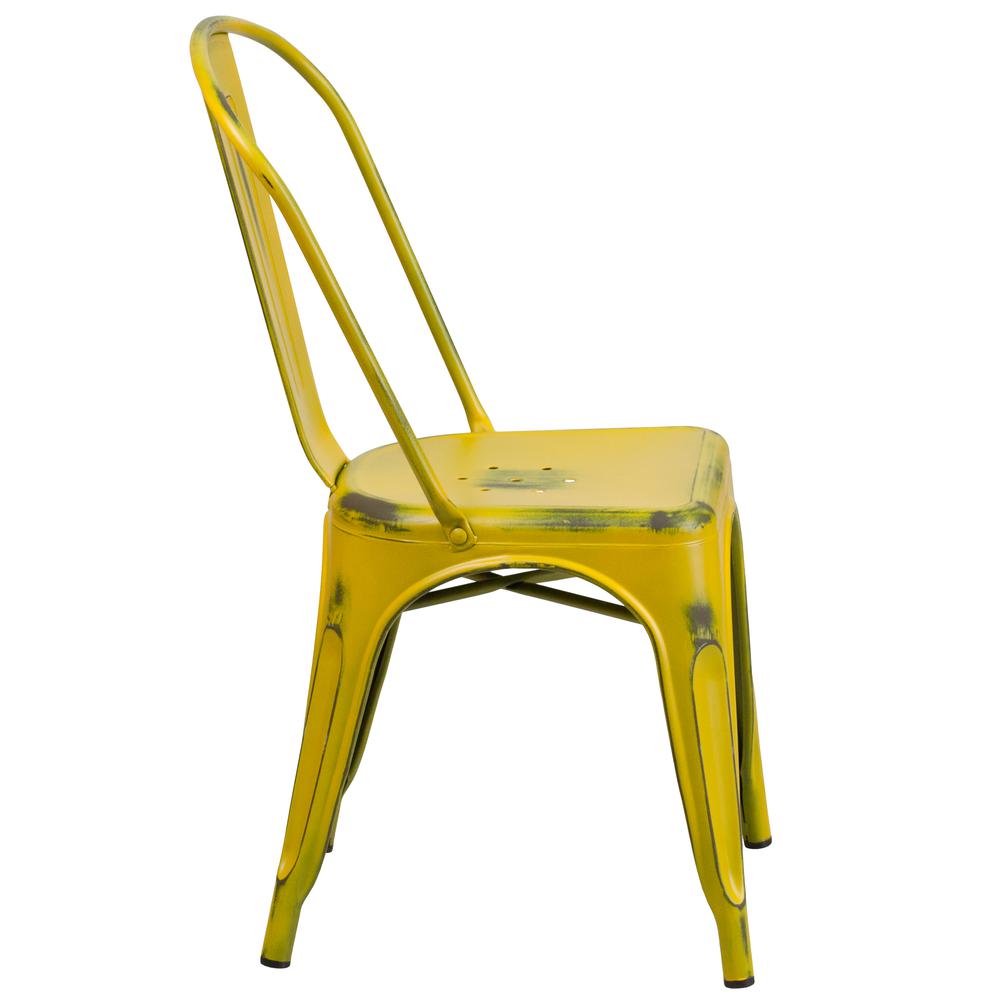 Commercial Grade Distressed Yellow Metal Indoor-Outdoor Stackable Chair. Picture 3