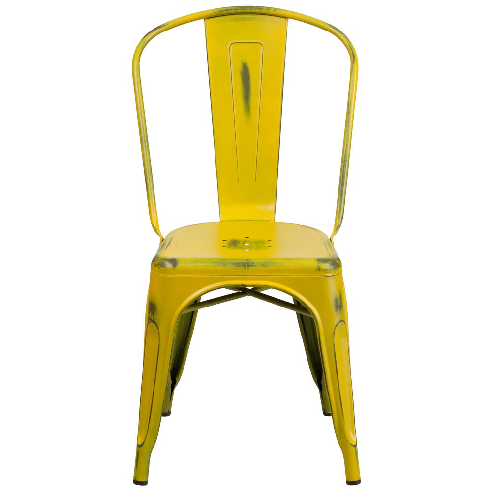 Commercial Grade Distressed Yellow Metal Indoor-Outdoor Stackable Chair. Picture 5