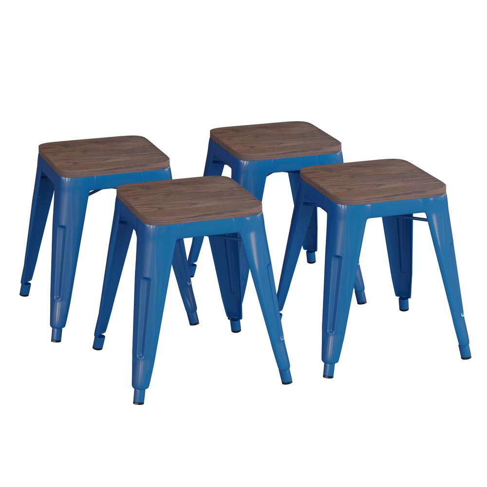 18" Backless Table Height Stool with Wooden Seat, Stackable Royal Blue Metal Indoor Dining Stool, Commercial Grade - Set of 4. Picture 3