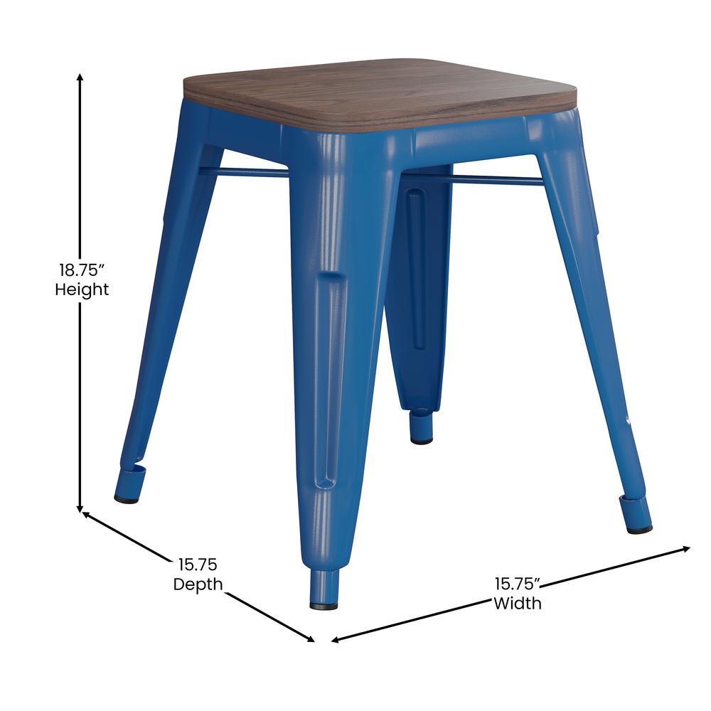 18" Backless Table Height Stool with Wooden Seat, Stackable Royal Blue Metal Indoor Dining Stool, Commercial Grade - Set of 4. Picture 6