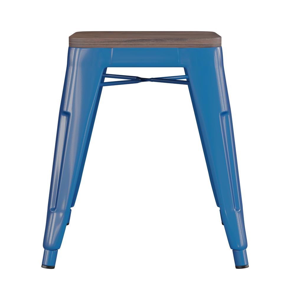 18" Backless Table Height Stool with Wooden Seat, Stackable Royal Blue Metal Indoor Dining Stool, Commercial Grade - Set of 4. Picture 10