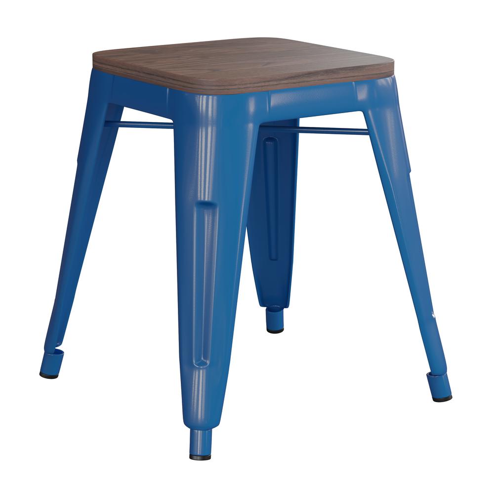 18" Backless Table Height Stool with Wooden Seat, Stackable Royal Blue Metal Indoor Dining Stool, Commercial Grade - Set of 4. Picture 9