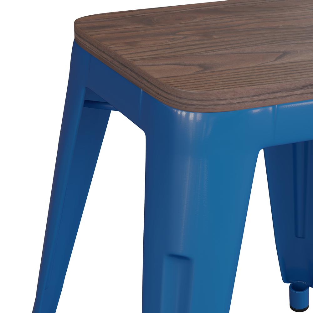 18" Backless Table Height Stool with Wooden Seat, Stackable Royal Blue Metal Indoor Dining Stool, Commercial Grade - Set of 4. Picture 8