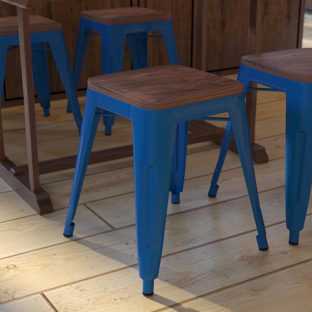 18" Backless Table Height Stool with Wooden Seat, Stackable Royal Blue Metal Indoor Dining Stool, Commercial Grade - Set of 4. Picture 7