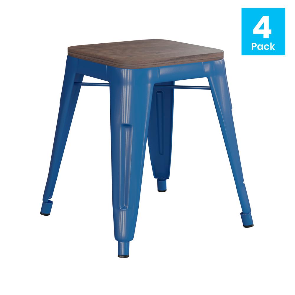 18" Backless Table Height Stool with Wooden Seat, Stackable Royal Blue Metal Indoor Dining Stool, Commercial Grade - Set of 4. Picture 2