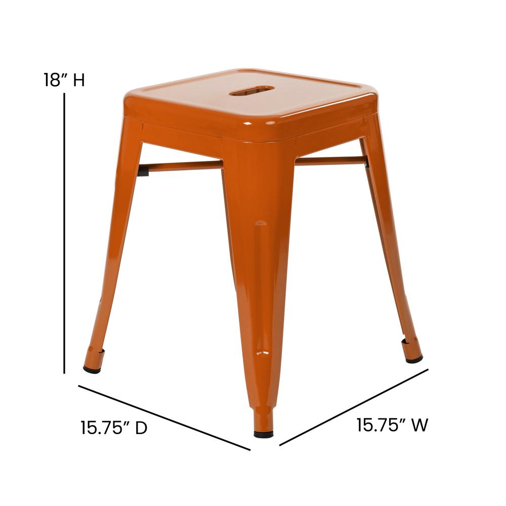 18" Table Height Stool, Stackable Backless Metal Indoor Dining Stool, Commercial Grade Restaurant Stool in Orange - Set of 4. Picture 5