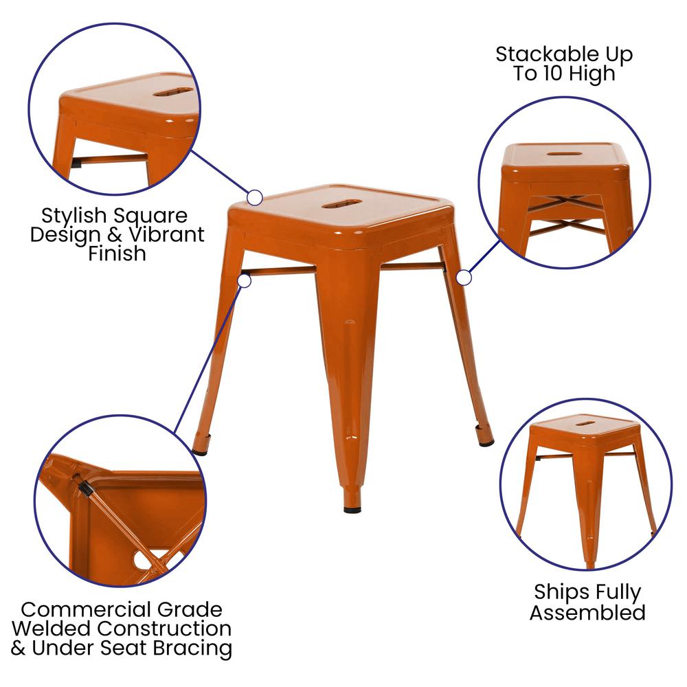 18" Table Height Stool, Stackable Backless Metal Indoor Dining Stool, Commercial Grade Restaurant Stool in Orange - Set of 4. Picture 4