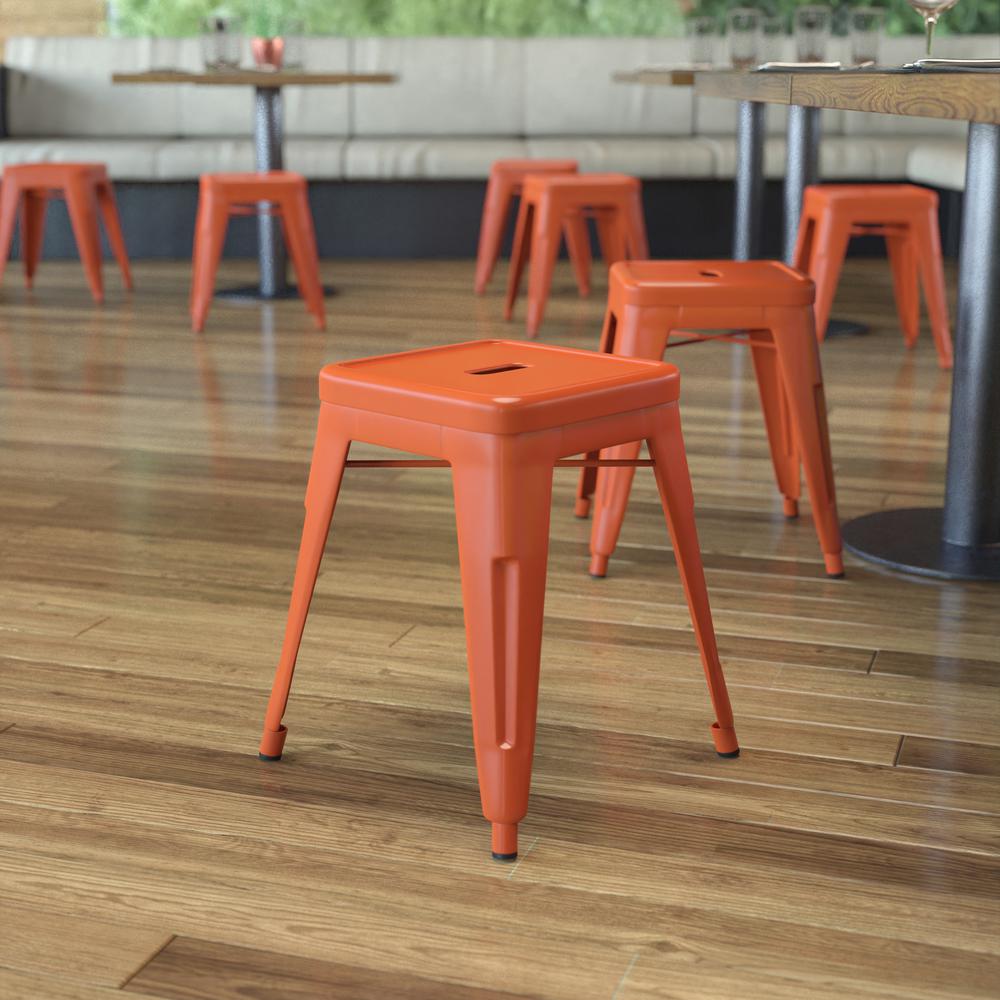 18" Table Height Stool, Stackable Backless Metal Indoor Dining Stool, Commercial Grade Restaurant Stool in Orange - Set of 4. The main picture.
