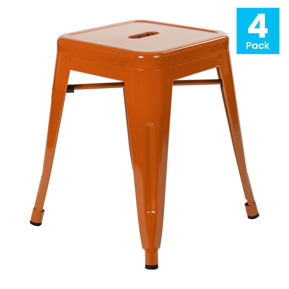 18" Table Height Stool, Stackable Backless Metal Indoor Dining Stool, Commercial Grade Restaurant Stool in Orange - Set of 4. Picture 2