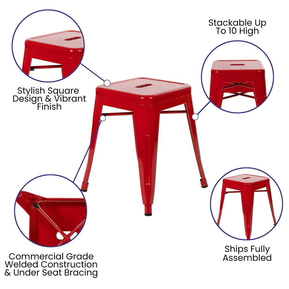 18" Table Height Stool, Stackable Metal Dining Stool in Red - Set of 4. Picture 4