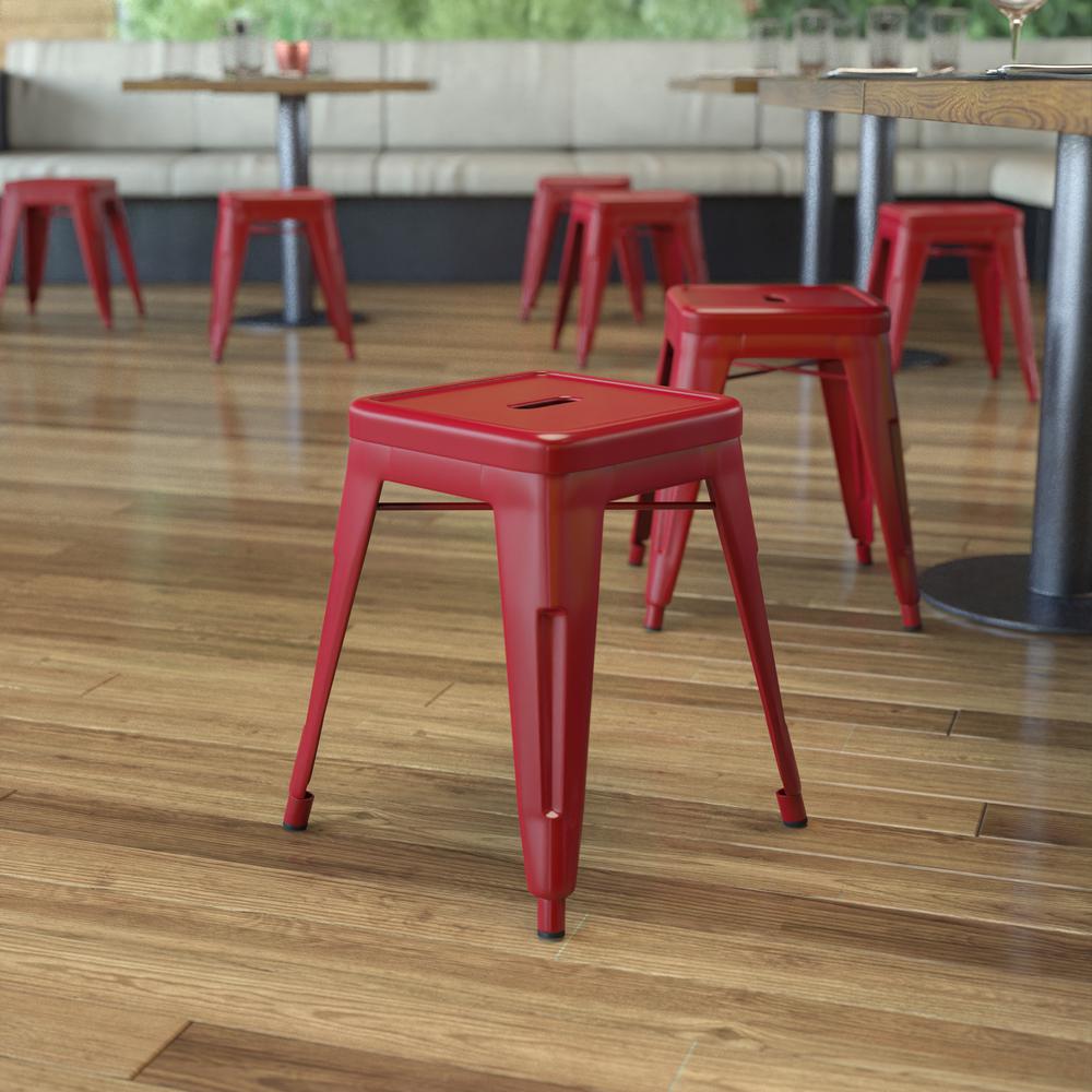 18" Table Height Stool, Stackable Metal Dining Stool in Red - Set of 4. Picture 1