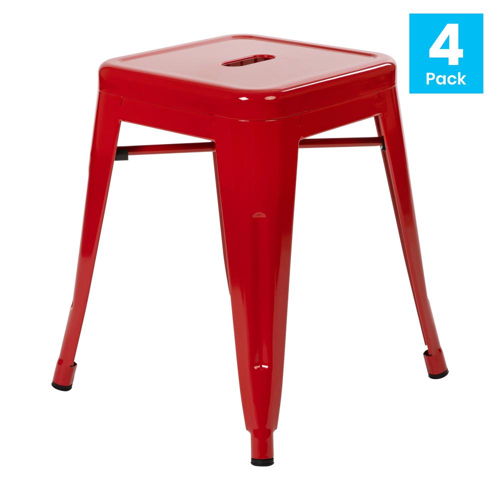 18" Table Height Stool, Stackable Metal Dining Stool in Red - Set of 4. Picture 2