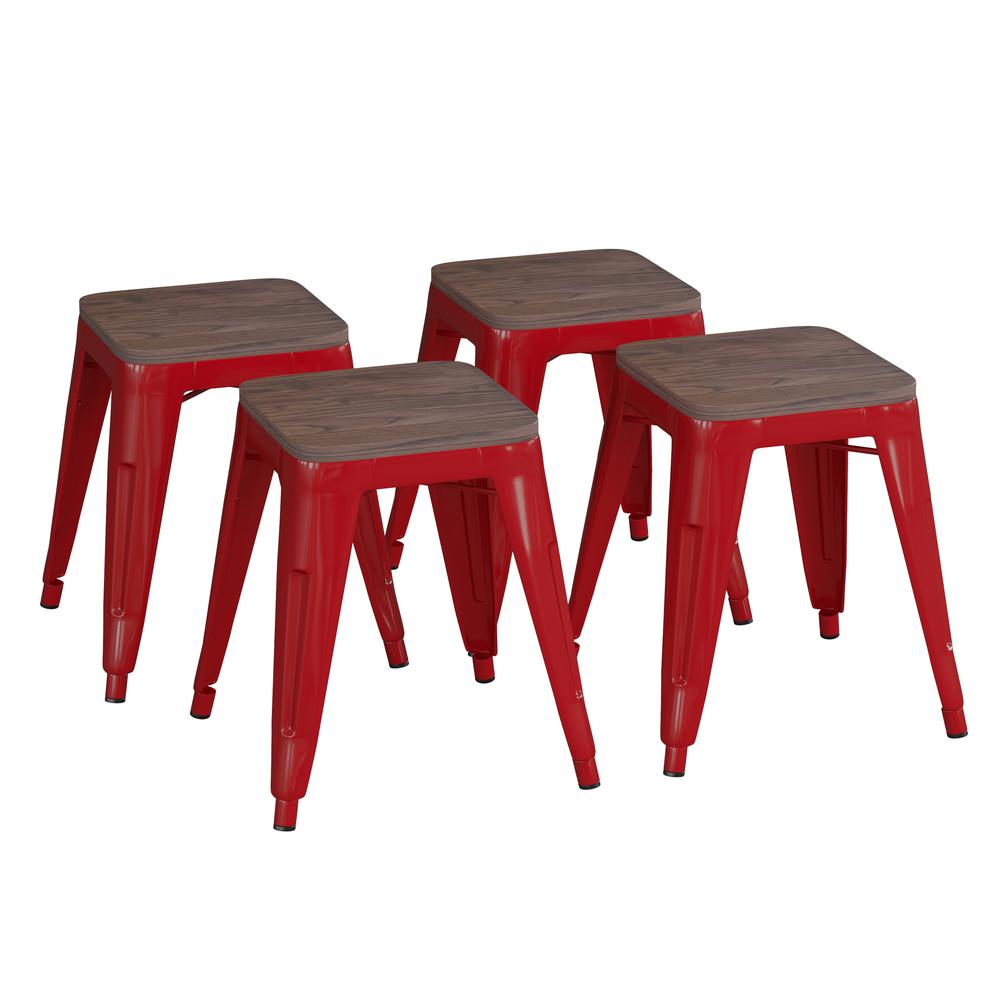 18" Backless Table Height Stool with Wooden Seat, Stackable Red Metal Indoor Dining Stool, Commercial Grade - Set of 4. Picture 3