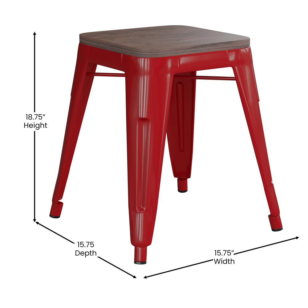 18" Backless Table Height Stool with Wooden Seat, Stackable Red Metal Indoor Dining Stool, Commercial Grade - Set of 4. Picture 6