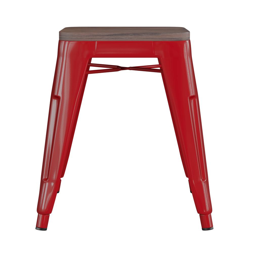 18" Backless Table Height Stool with Wooden Seat, Stackable Red Metal Indoor Dining Stool, Commercial Grade - Set of 4. Picture 10