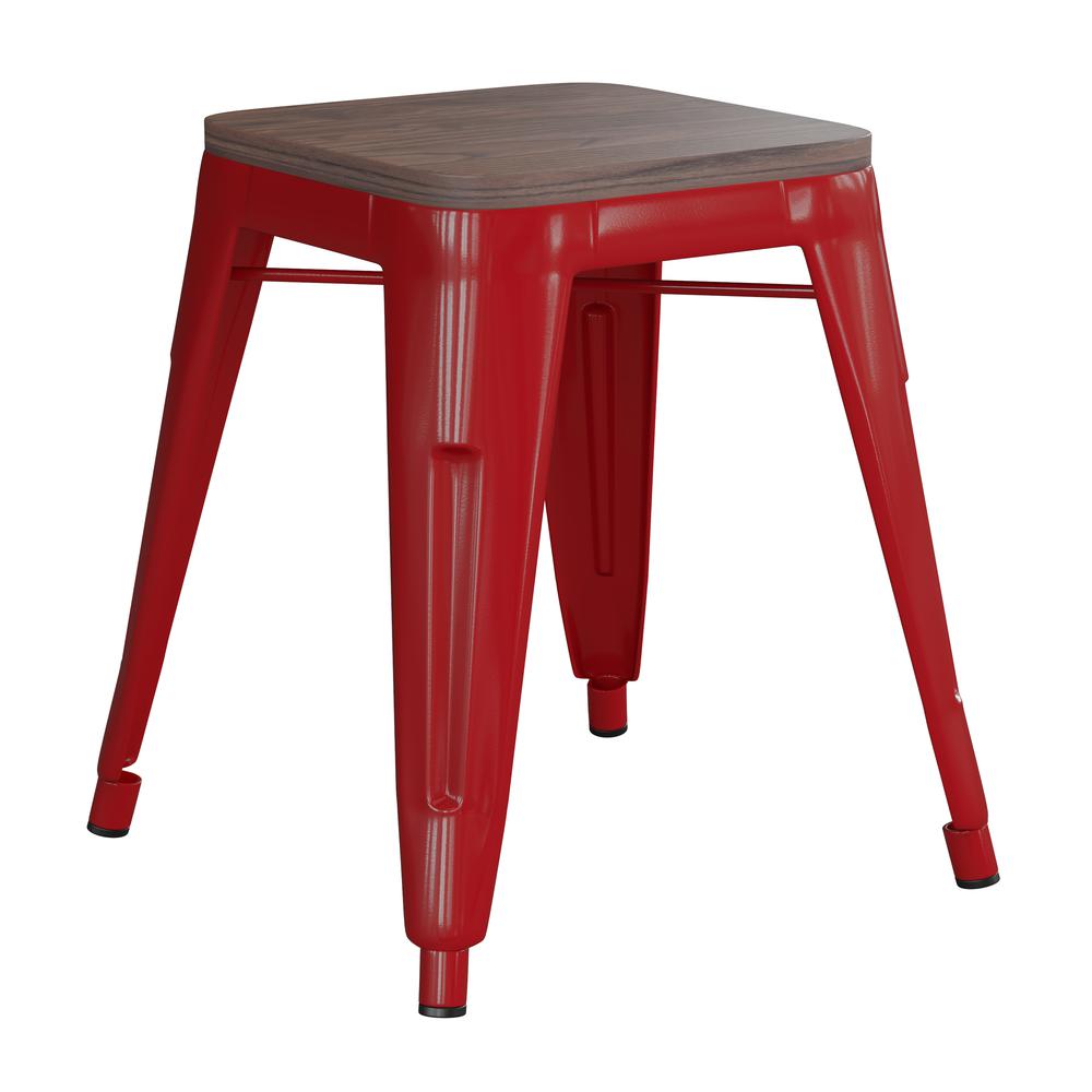 18" Backless Table Height Stool with Wooden Seat, Stackable Red Metal Indoor Dining Stool, Commercial Grade - Set of 4. Picture 9