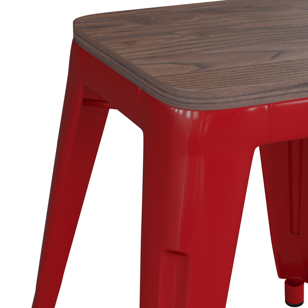 18" Backless Table Height Stool with Wooden Seat, Stackable Red Metal Indoor Dining Stool, Commercial Grade - Set of 4. Picture 8