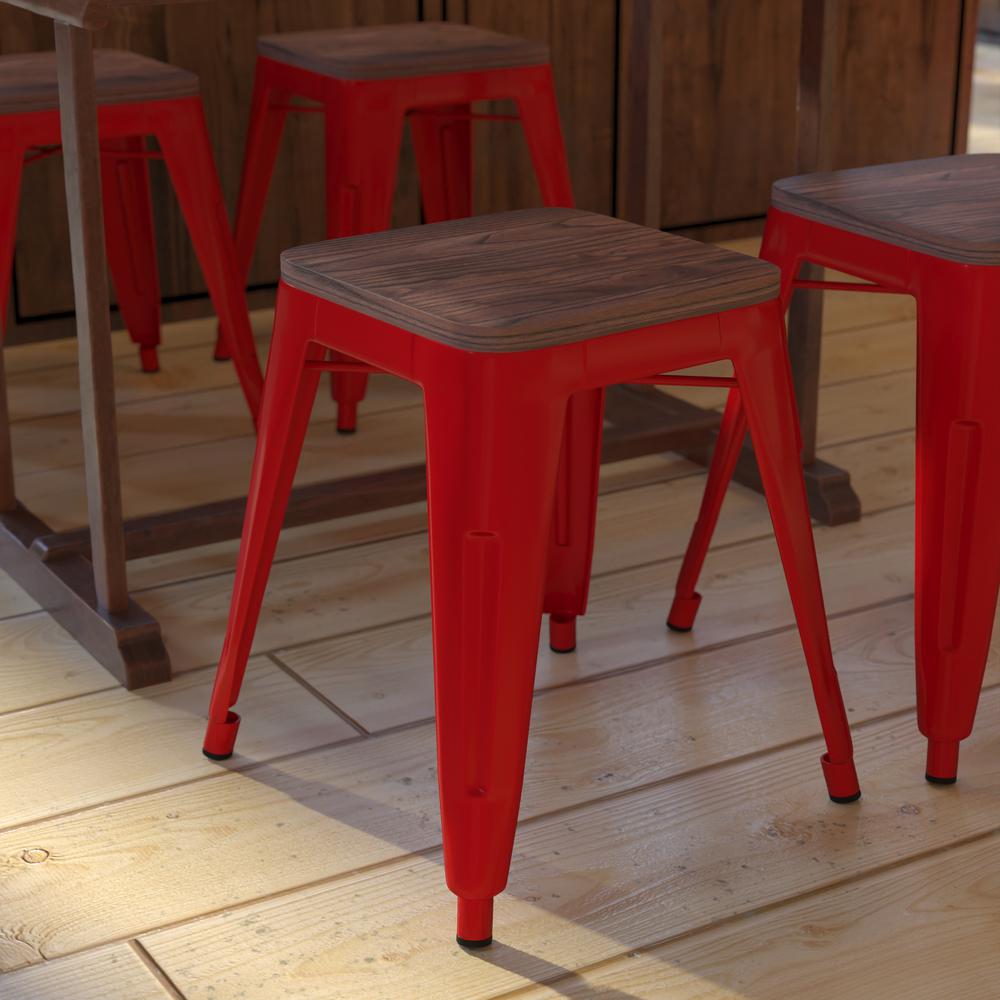 18" Backless Table Height Stool with Wooden Seat, Stackable Red Metal Indoor Dining Stool, Commercial Grade - Set of 4. Picture 7