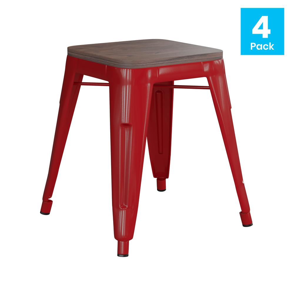 18" Backless Table Height Stool with Wooden Seat, Stackable Red Metal Indoor Dining Stool, Commercial Grade - Set of 4. Picture 2
