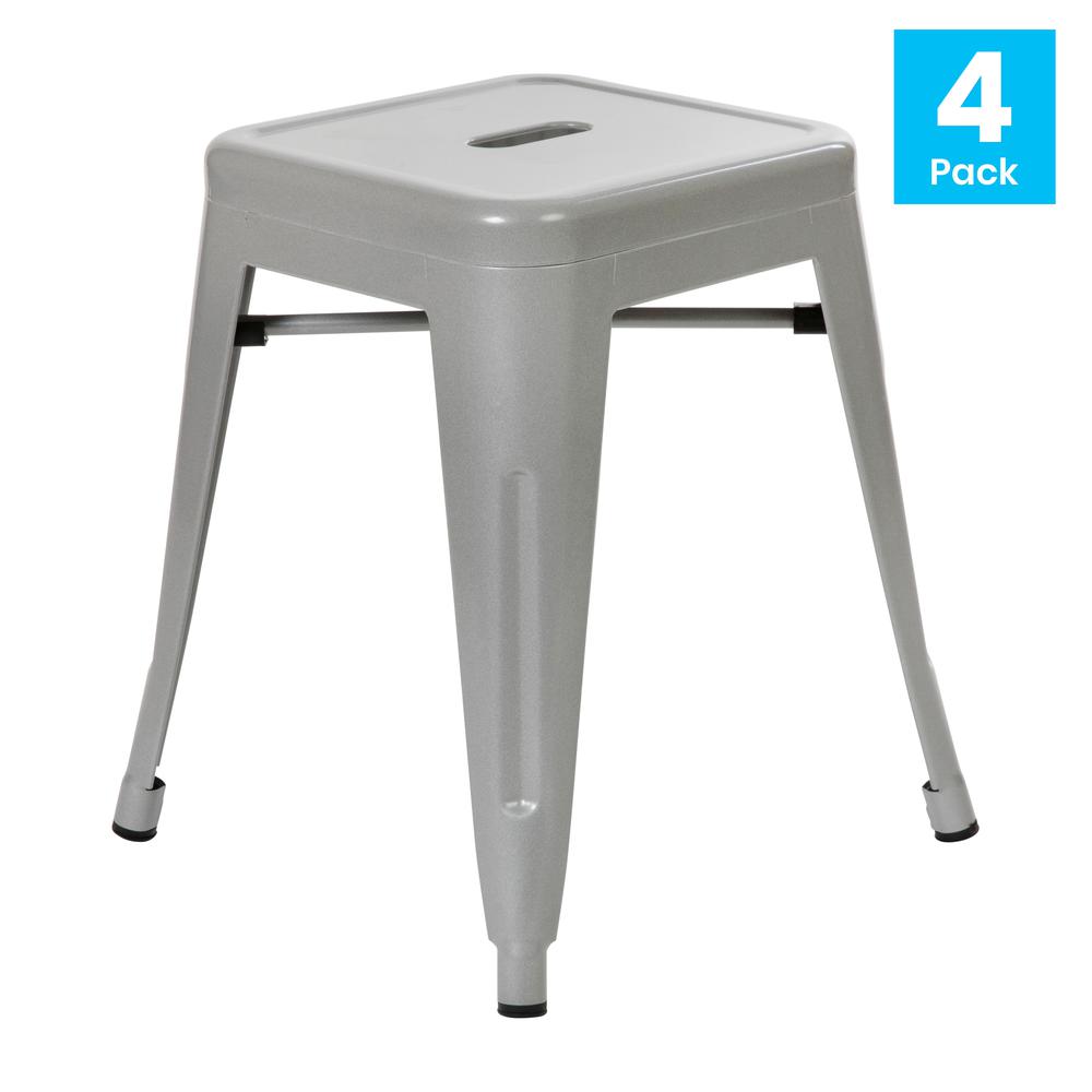 18" Table Height Stool, Stackable Backless Metal Indoor Dining Stool, Commercial Grade Restaurant Stool in Silver - Set of 4. Picture 2