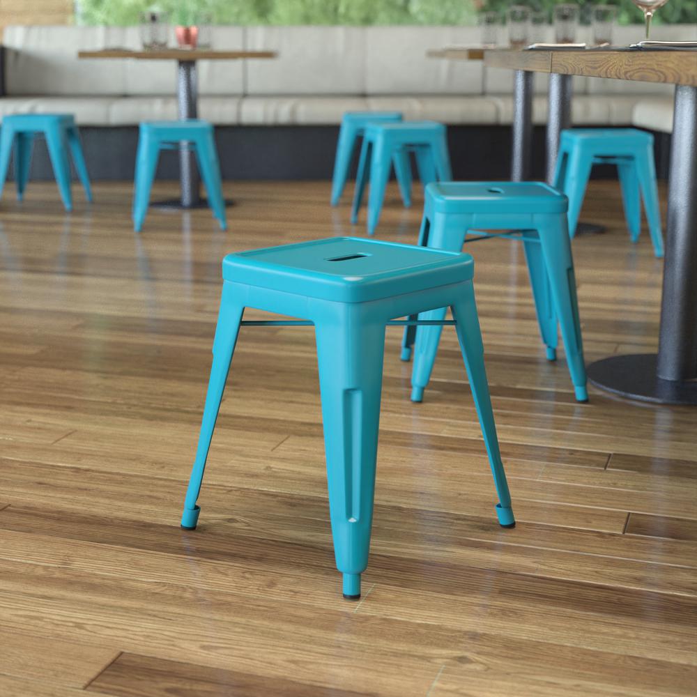 18" Table Height Stool, Stackable Metal Dining Stool in Teal - Set of 4. Picture 1