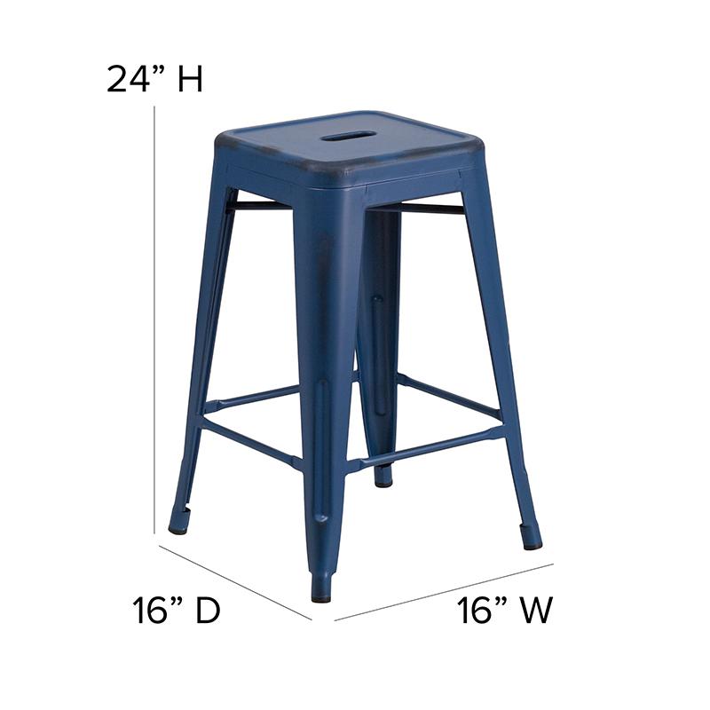 Commercial Grade 24" High Backless Distressed Antique Blue Metal Indoor-Outdoor Counter Height Stool. Picture 2