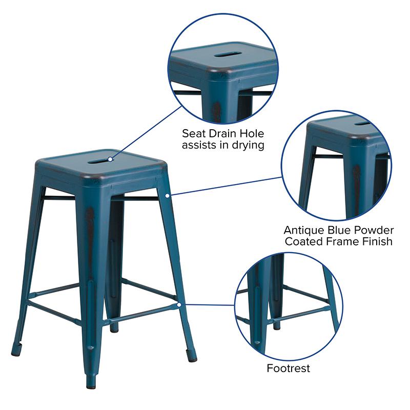 Commercial Grade 24" High Backless Distressed Antique Blue Metal Indoor-Outdoor Counter Height Stool. Picture 3