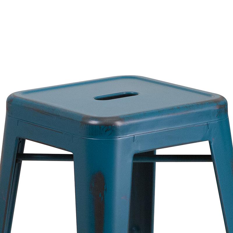 Commercial Grade 24" High Backless Distressed Antique Blue Metal Indoor-Outdoor Counter Height Stool. Picture 4