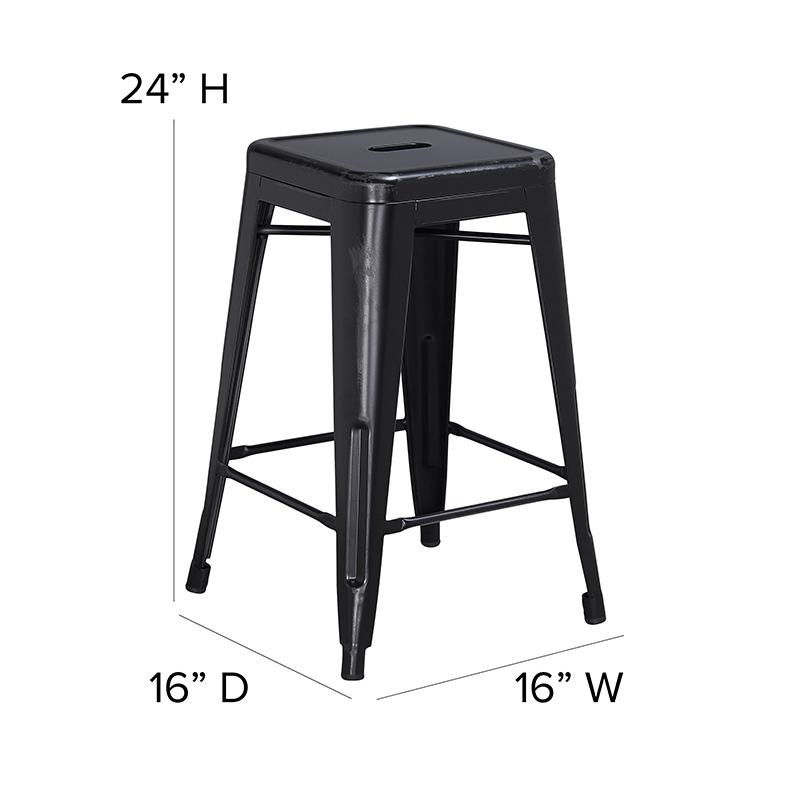 Commercial Grade 24" High Backless Distressed Black Metal Indoor-Outdoor Counter Height Stool. Picture 6