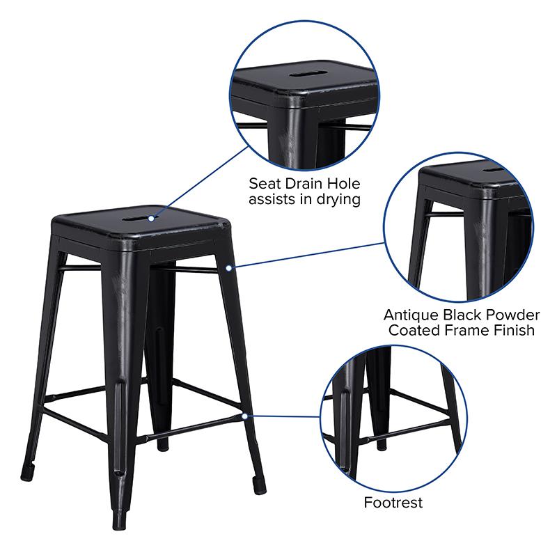 Commercial Grade 24" High Backless Distressed Black Metal Indoor-Outdoor Counter Height Stool. Picture 5