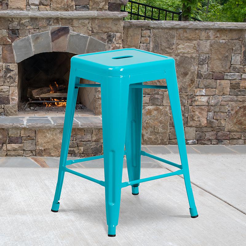24" High Backless Crystal Teal-Blue Indoor-Outdoor Counter Height Stool. Picture 1
