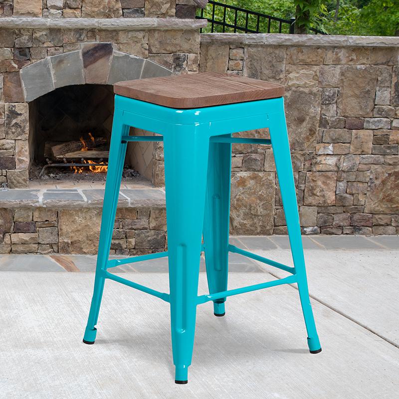 24" High Backless Crystal Teal-Blue Counter Height Stool with Square Wood Seat. Picture 1