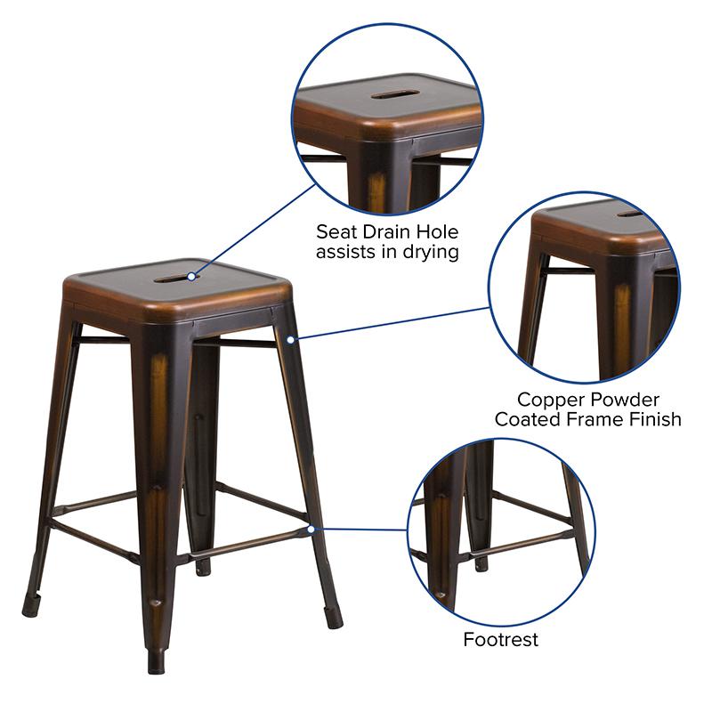 Commercial Grade 24" High Backless Distressed Copper Metal Indoor-Outdoor Counter Height Stool. Picture 3