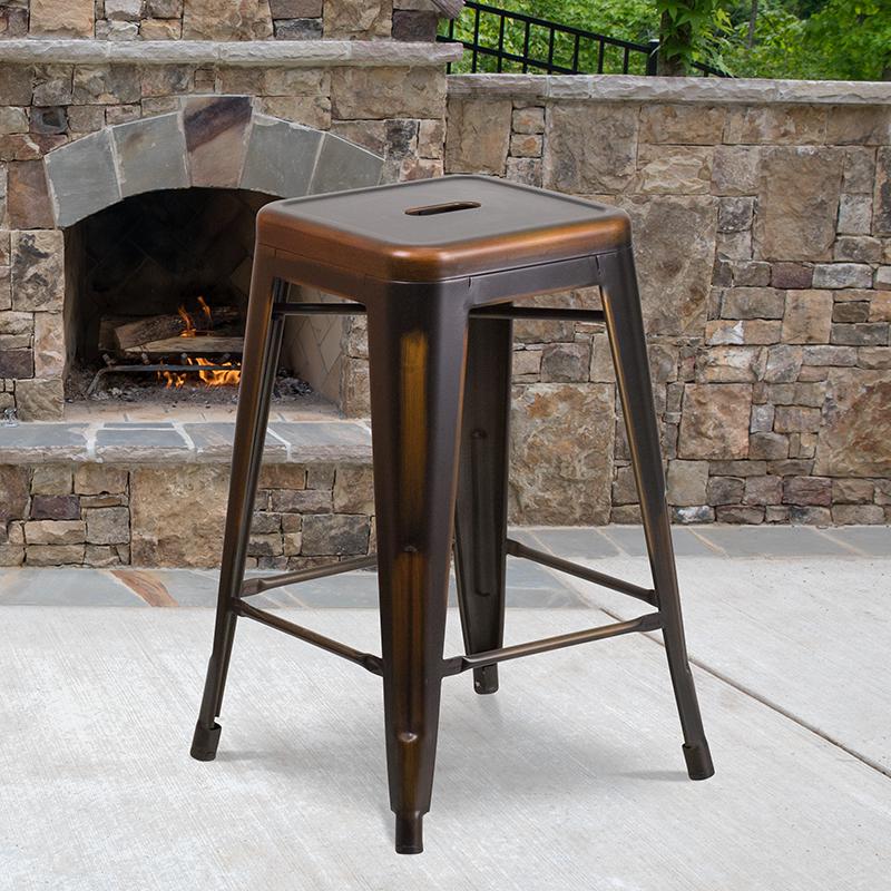 24" High Backless Distressed Copper Metal Indoor-Outdoor Counter Height Stool. Picture 1