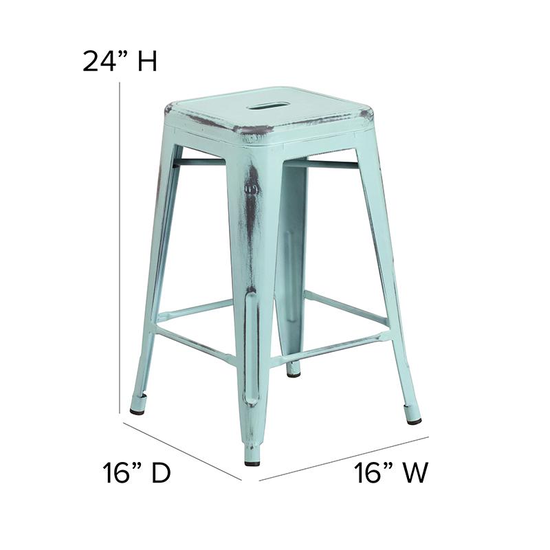 Commercial Grade 24" High Backless Distressed Green-Blue Metal Indoor-Outdoor Counter Height Stool. Picture 2