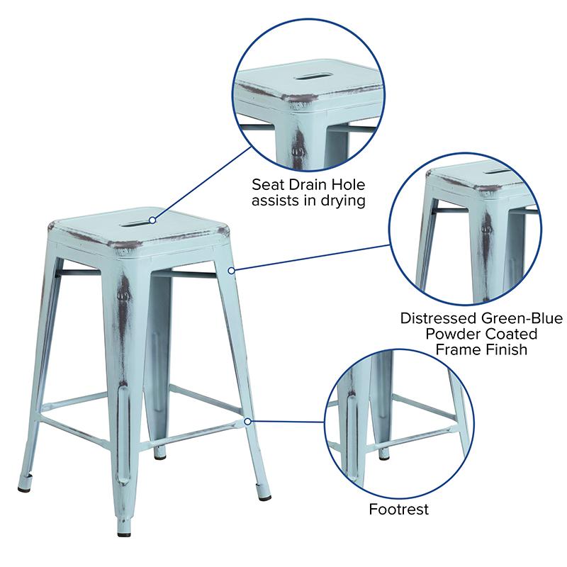 Commercial Grade 24" High Backless Distressed Green-Blue Metal Indoor-Outdoor Counter Height Stool. Picture 3