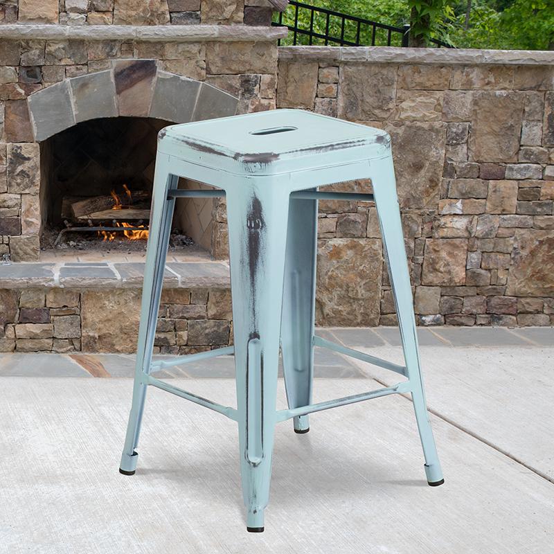 24" High Distressed Green-Blue Metal Indoor-Outdoor Counter Height Stool. Picture 1