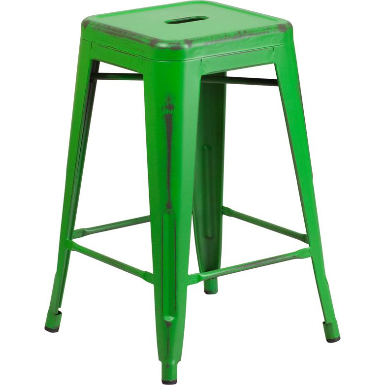 Commercial Grade 24" High Backless Distressed Green Metal Indoor-Outdoor Counter Height Stool. Picture 2