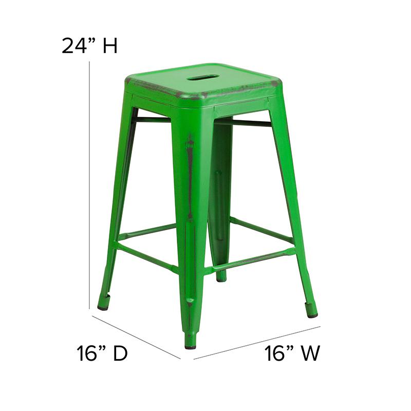 Commercial Grade 24" High Backless Distressed Green Metal Indoor-Outdoor Counter Height Stool. Picture 6