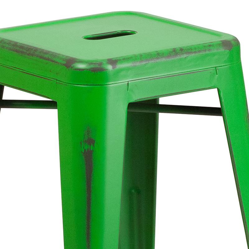 Commercial Grade 24" High Backless Distressed Green Metal Indoor-Outdoor Counter Height Stool. Picture 7