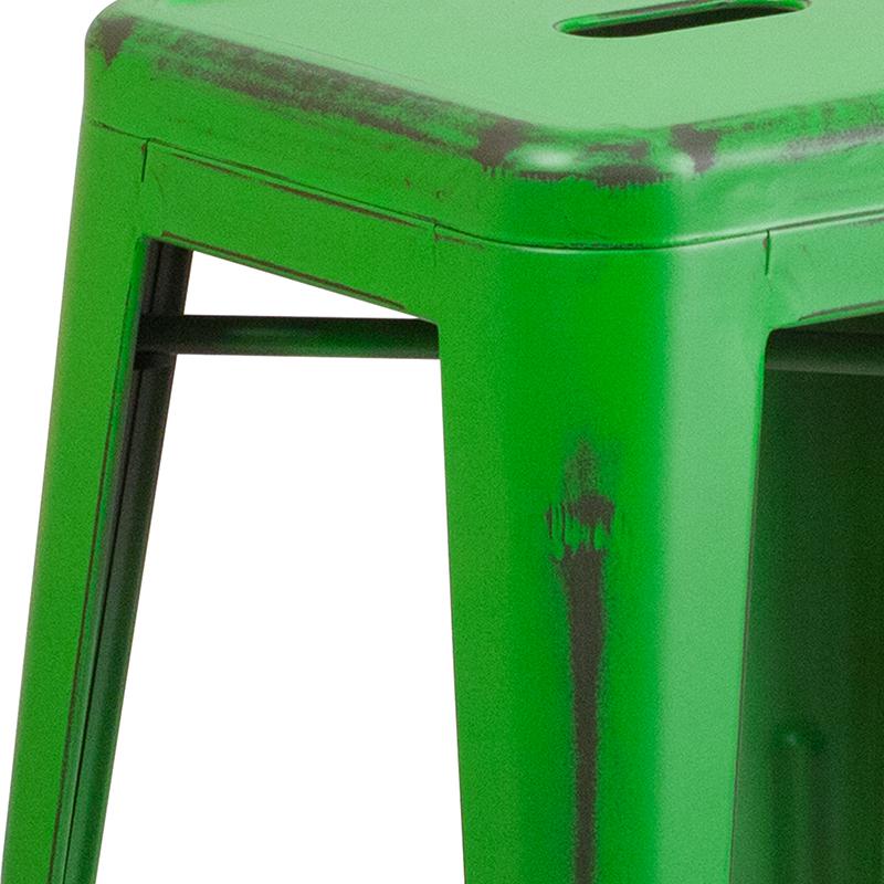 Commercial Grade 24" High Backless Distressed Green Metal Indoor-Outdoor Counter Height Stool. Picture 9