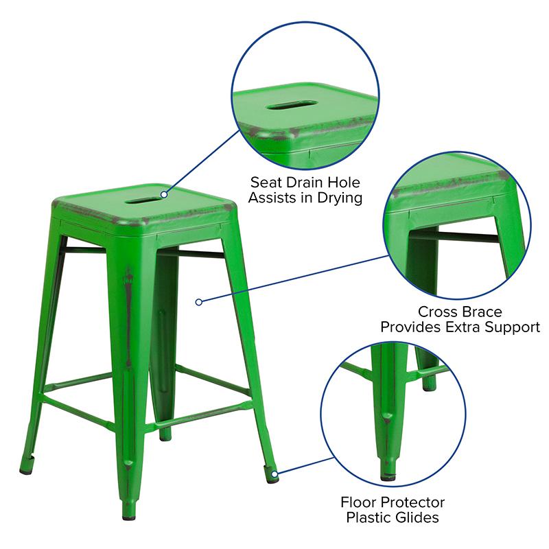 Commercial Grade 24" High Backless Distressed Green Metal Indoor-Outdoor Counter Height Stool. Picture 5