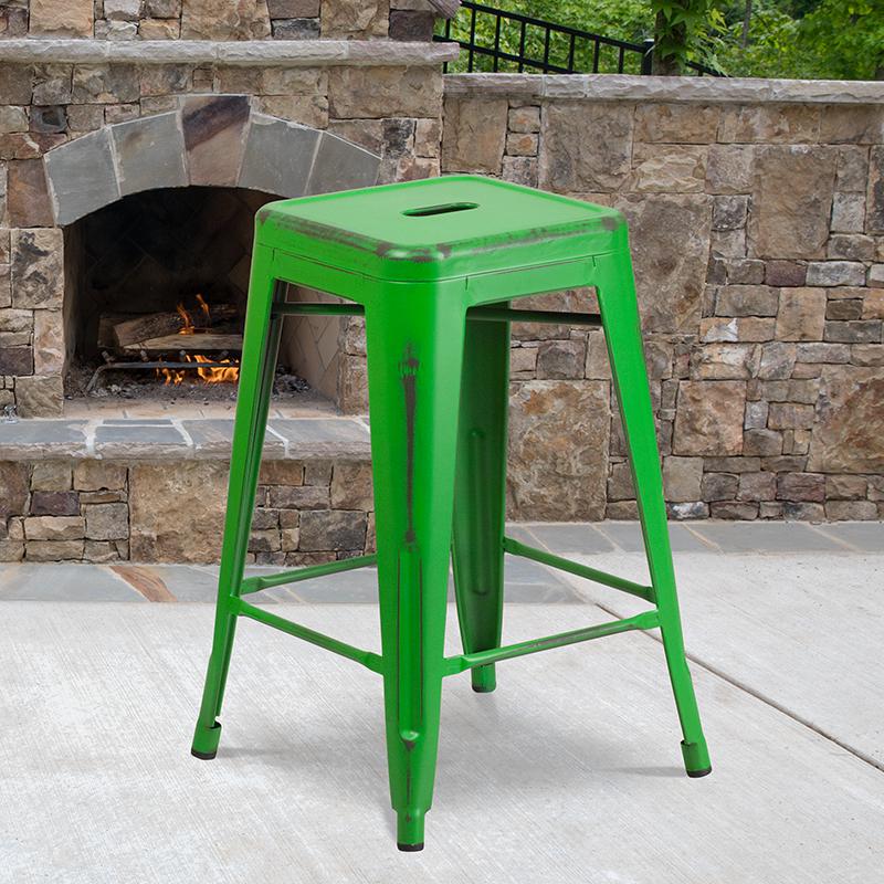 Commercial Grade 24" High Backless Distressed Green Metal Indoor-Outdoor Counter Height Stool. The main picture.
