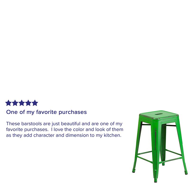 Commercial Grade 24" High Backless Distressed Green Metal Indoor-Outdoor Counter Height Stool. Picture 4