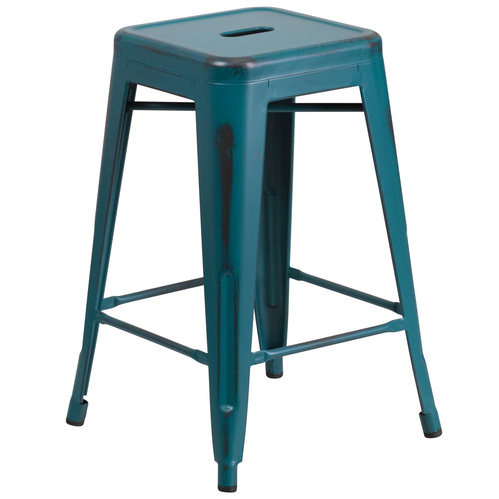 Commercial Grade 24" High Backless Distressed Kelly Blue-Teal Metal Indoor-Outdoor Counter Height Stool. The main picture.