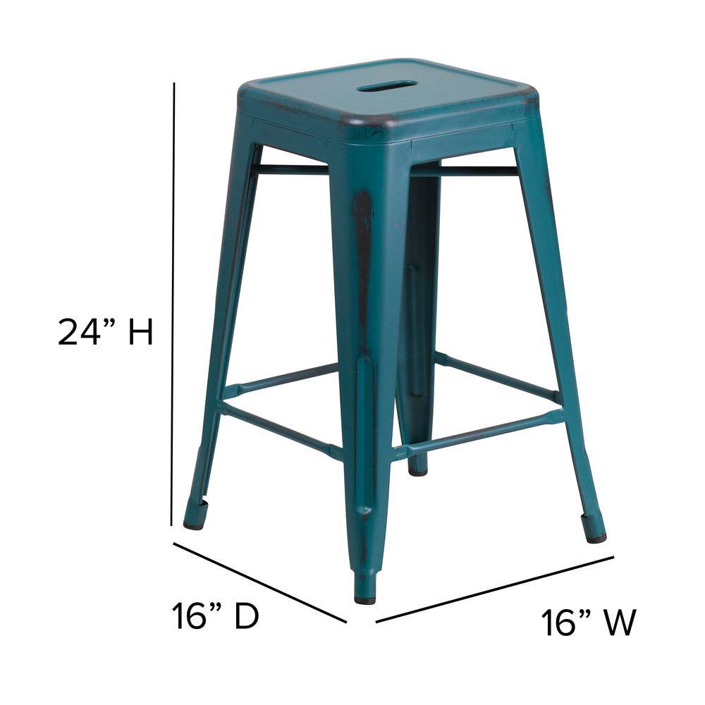 Commercial Grade 24" High Backless Distressed Kelly Blue-Teal Metal Indoor-Outdoor Counter Height Stool. Picture 2