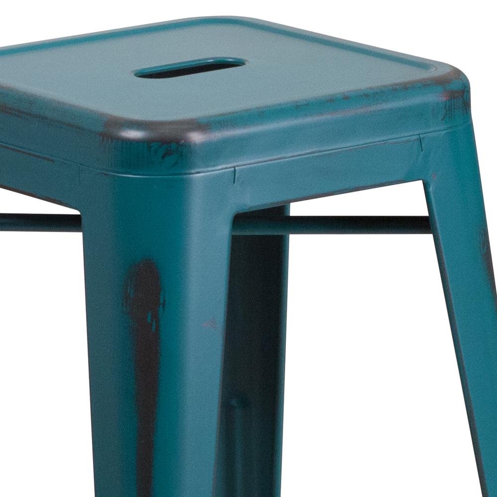 Commercial Grade 24" High Backless Distressed Kelly Blue-Teal Metal Indoor-Outdoor Counter Height Stool. Picture 3