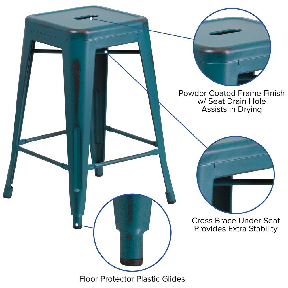 Commercial Grade 24" High Backless Distressed Kelly Blue-Teal Metal Indoor-Outdoor Counter Height Stool. Picture 4