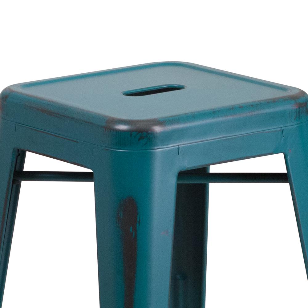 Commercial Grade 24" High Backless Distressed Kelly Blue-Teal Metal Indoor-Outdoor Counter Height Stool. Picture 5