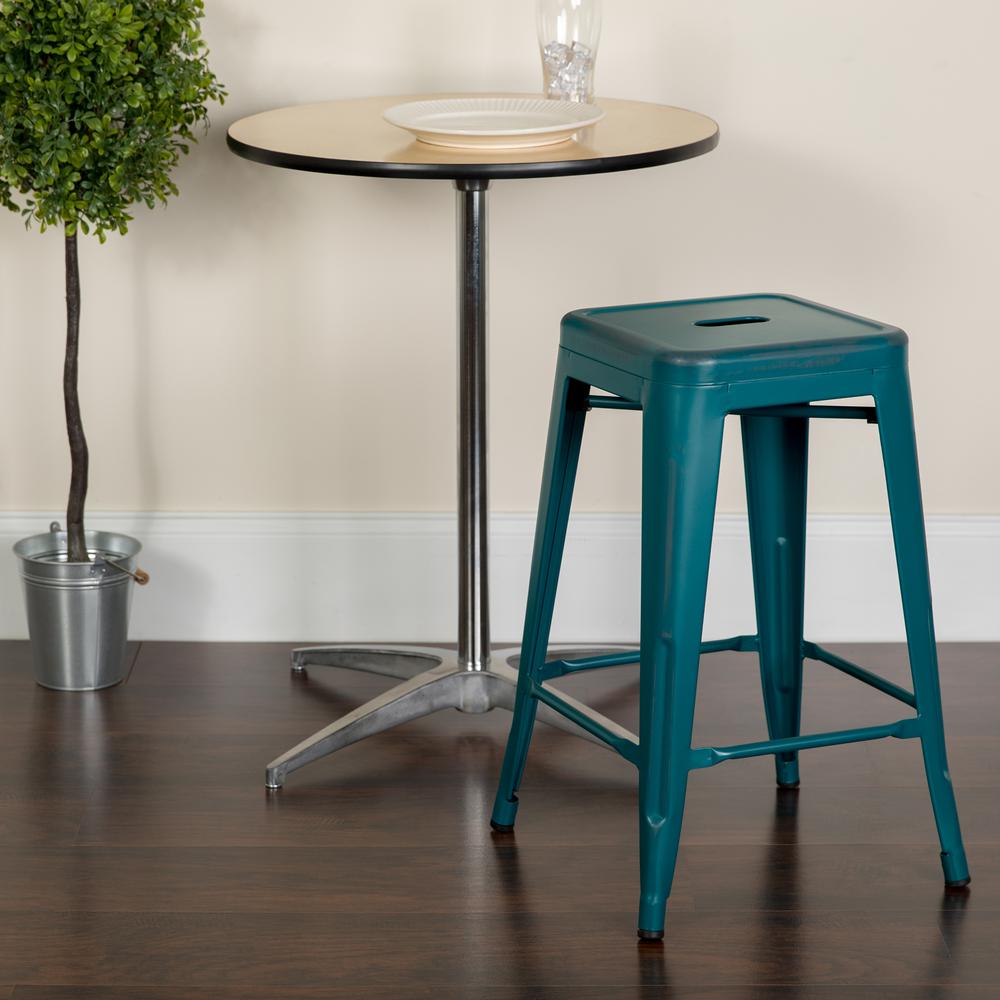 Commercial Grade 24" High Backless Distressed Kelly Blue-Teal Metal Indoor-Outdoor Counter Height Stool. Picture 6